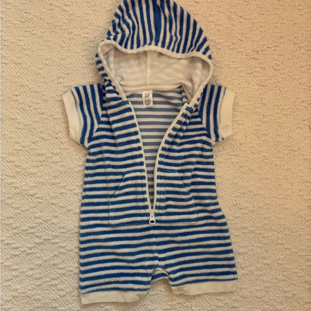 Blue and White Striped Baby Bath and Beach One-Piece Outfit